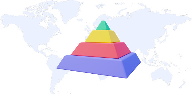 背景为浅灰色世界地图，中间为多色金字塔图形。